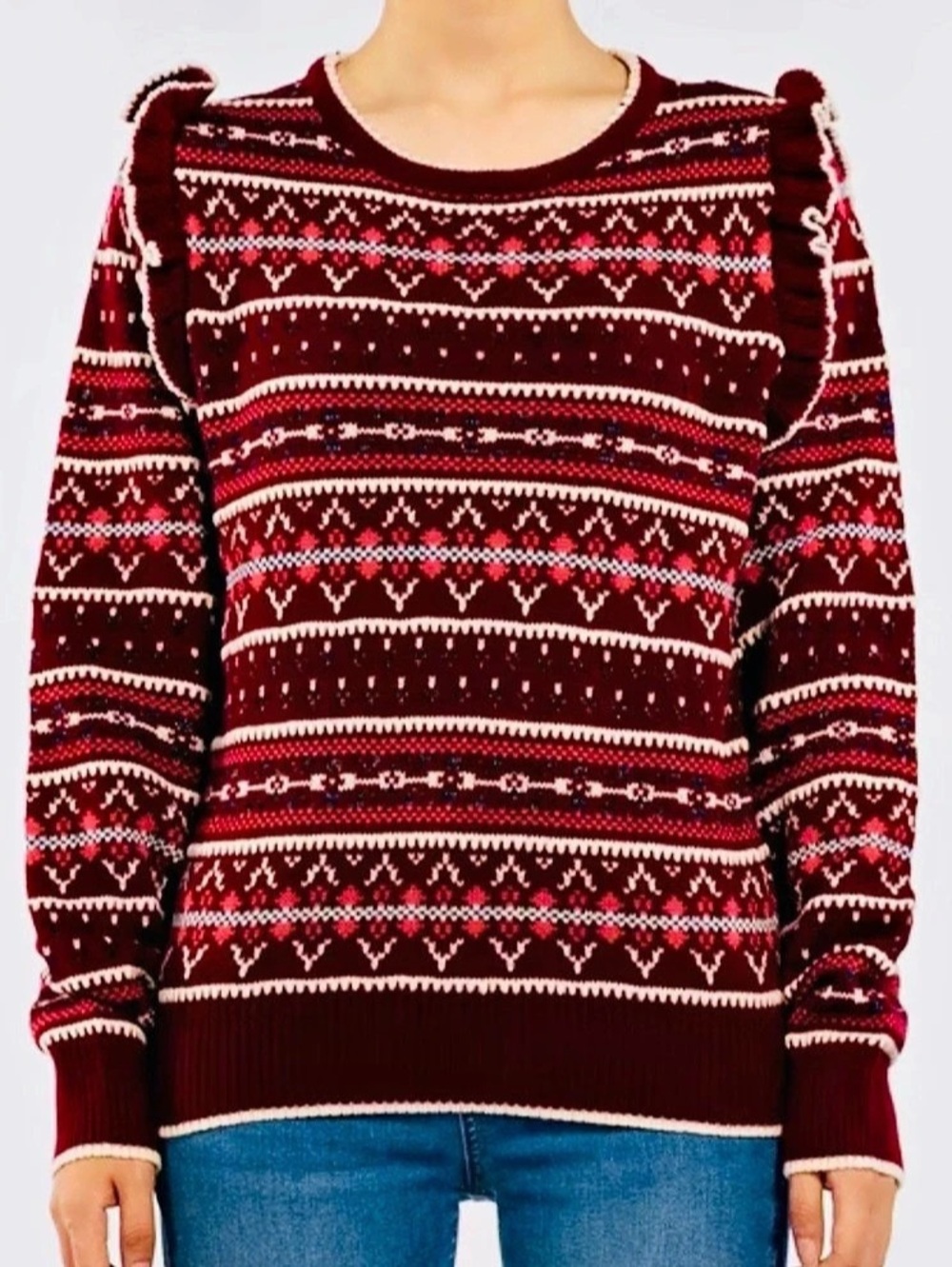 Molly Bracken Fair Isle Ruffle Sweater in Burgundy Size Medium